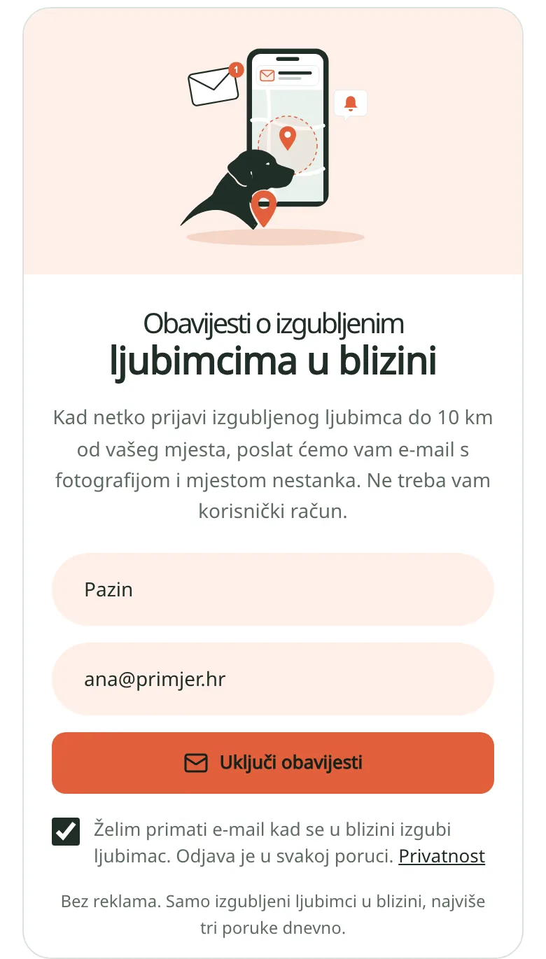 Obrazac za obavijesti e-poštom s odabranim mjestom Pazin, upisanom adresom i gumbom Uključi obavijesti.