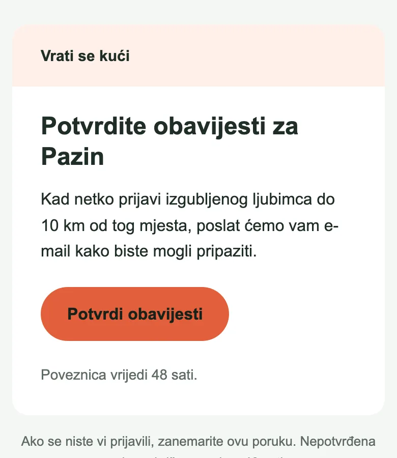E-mail s naslovom Potvrdite obavijesti za Pazin i gumbom Potvrdi obavijesti.